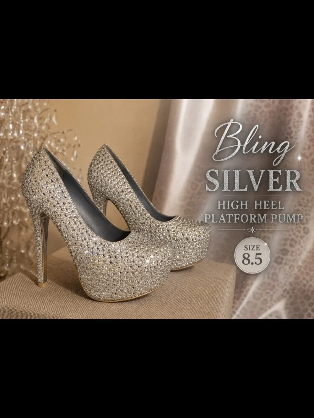 Bling Silver High Heel Platform Pump 8 5